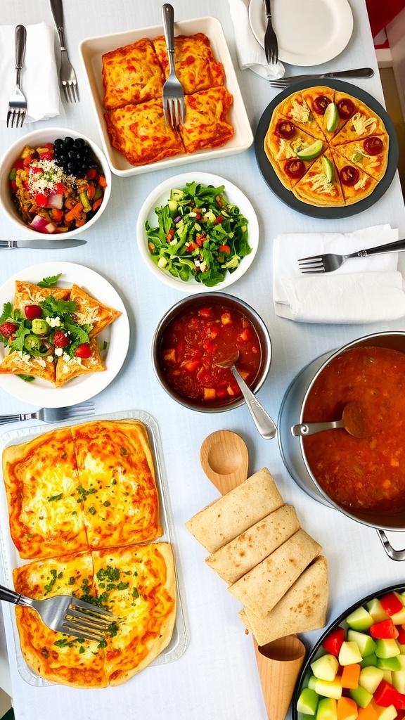 A lunch table set with baked ziti, mixed salad, pizza, chili, and fresh fruits for a family of eight.
